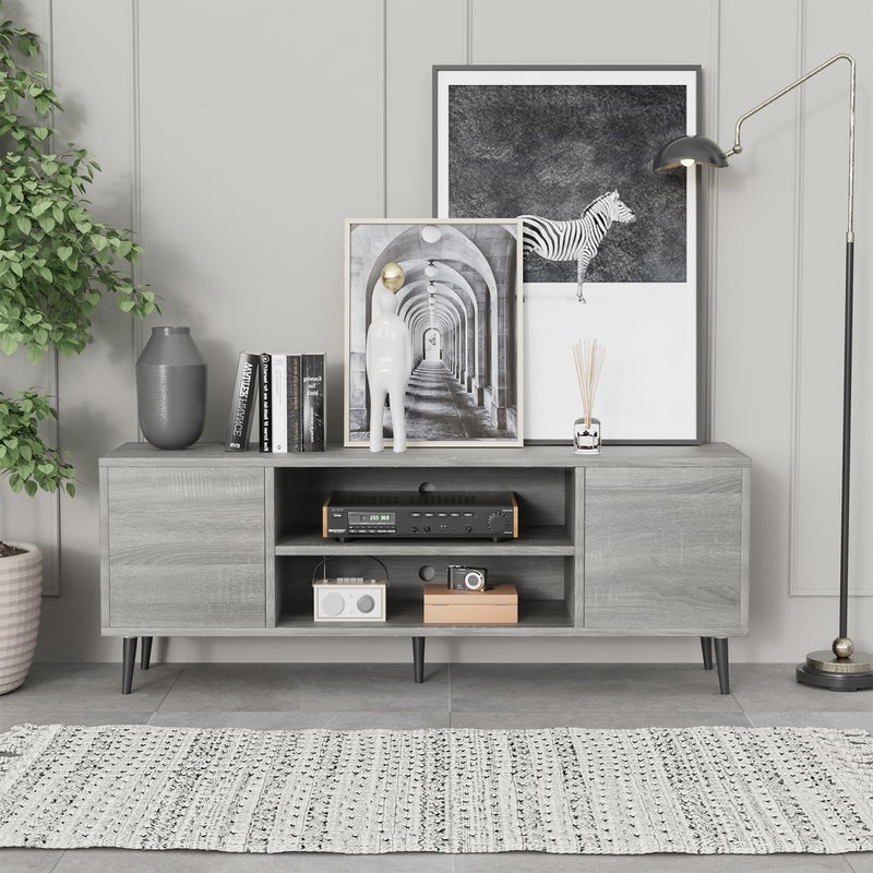 JUMMICO TV Stand for 65 Inch TV, Mid Century Modern TV Stand, Entertainment Center with Storage Cabinet and Open Shelves, TV Console Table Media Cabinet for Living Room, and Bedroom (Light Gray) - Image 2